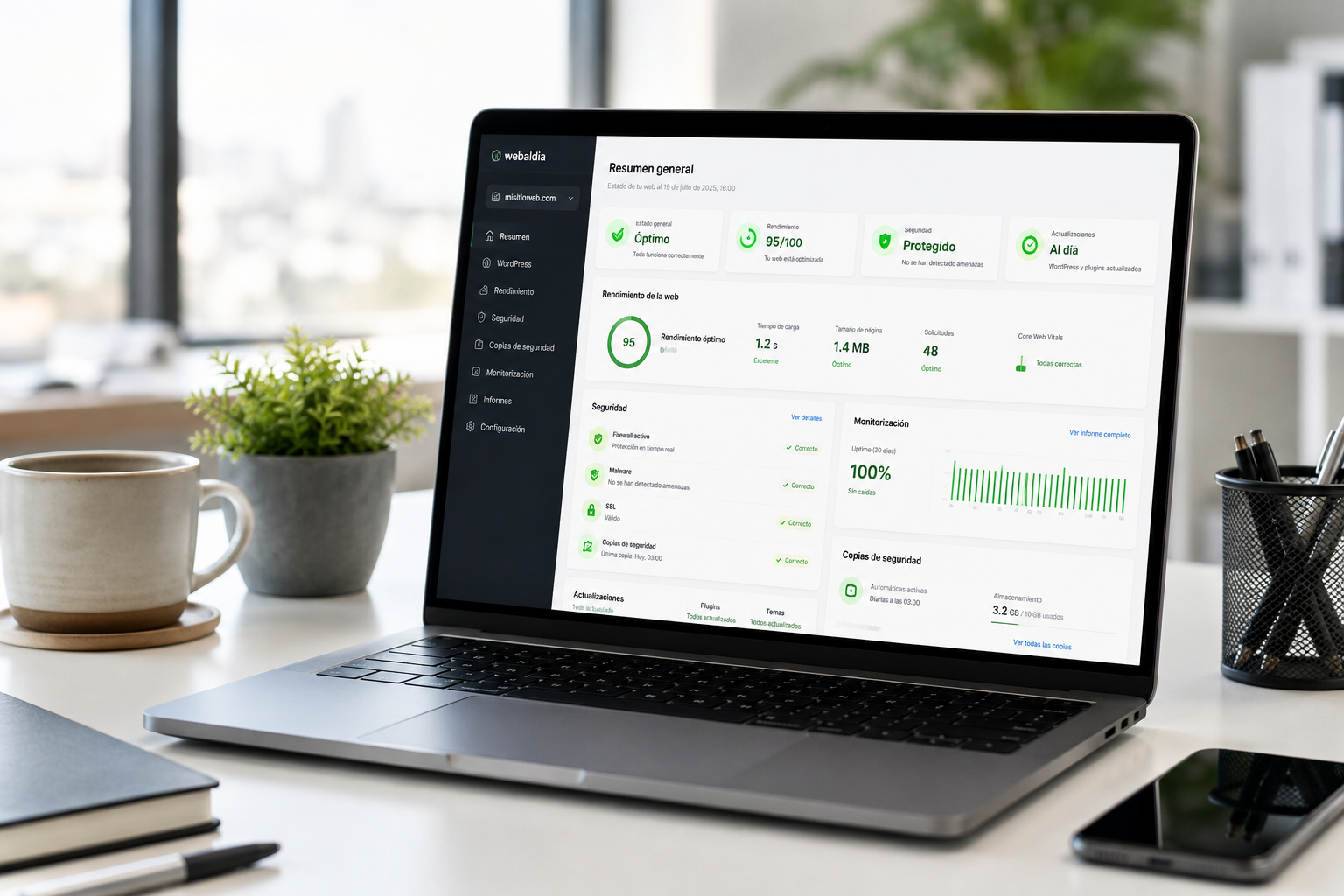 Dashboard de mantenimiento web con métricas de seguridad y rendimiento